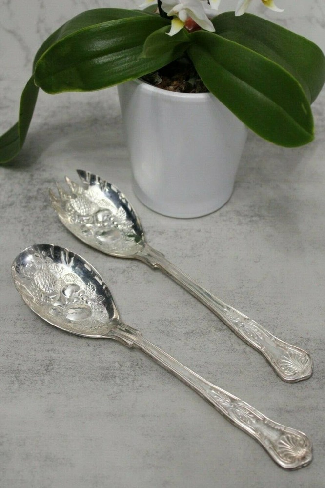 Vintage Ornate Silver Plated Salad Fork & Spoon Serving Set 9" Made In Italy